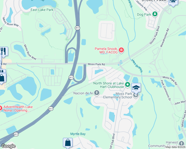 map of restaurants, bars, coffee shops, grocery stores, and more near 9432 Flowering Cottonwood Road in Orlando