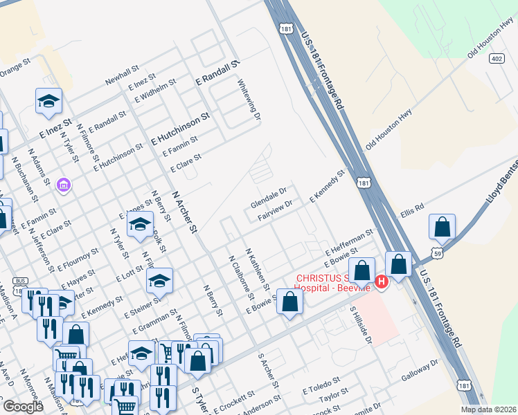 map of restaurants, bars, coffee shops, grocery stores, and more near 1210 Glendale Drive in Beeville