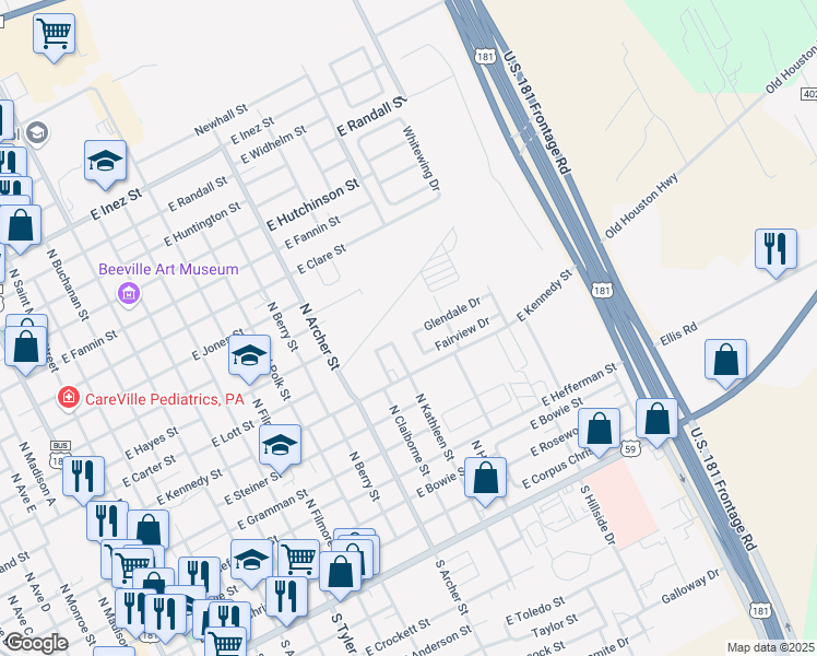 map of restaurants, bars, coffee shops, grocery stores, and more near 1201 Glendale Drive in Beeville