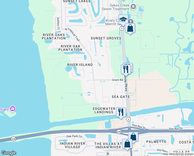 map of restaurants, bars, coffee shops, grocery stores, and more near 190 Grant Road in Merritt Island