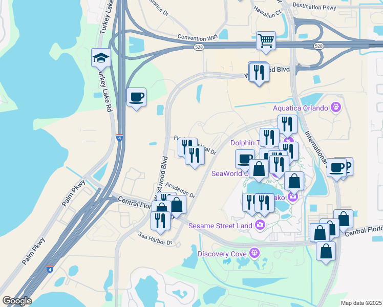 map of restaurants, bars, coffee shops, grocery stores, and more near Weiser Street in Orlando