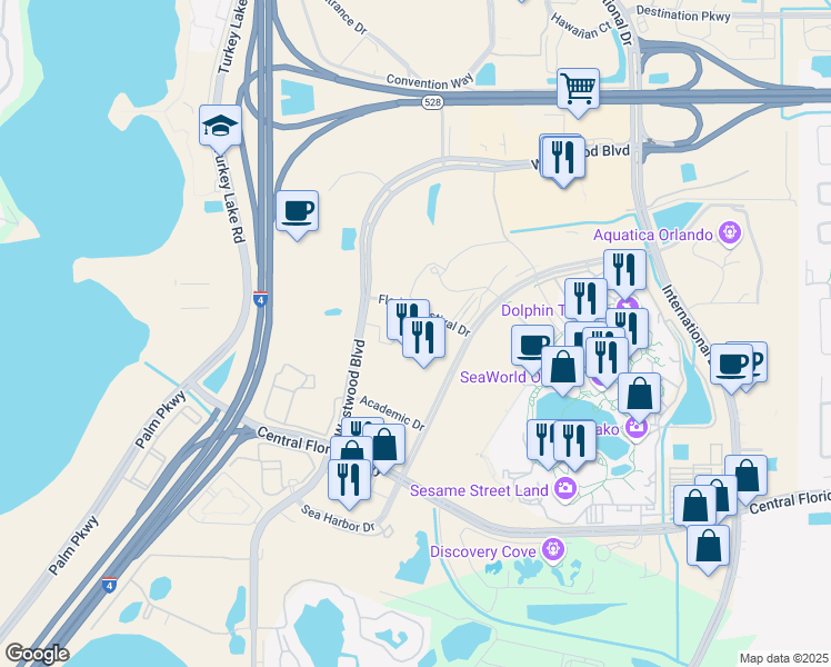 map of restaurants, bars, coffee shops, grocery stores, and more near 6677 Sea Harbor Drive in Orlando