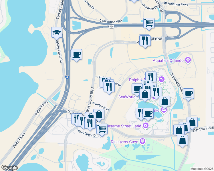 map of restaurants, bars, coffee shops, grocery stores, and more near 6677 Sea Harbor Drive in Orlando