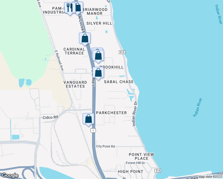 map of restaurants, bars, coffee shops, grocery stores, and more near 132 N Twin Lakes Rd in Cocoa