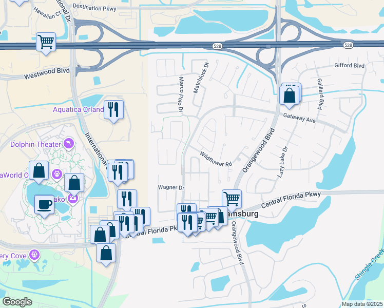 map of restaurants, bars, coffee shops, grocery stores, and more near 10633 Windsor Place in Orlando