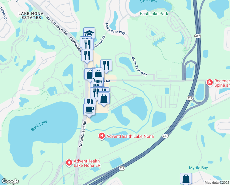 map of restaurants, bars, coffee shops, grocery stores, and more near 10203 Falcon Parc Boulevard in Orlando