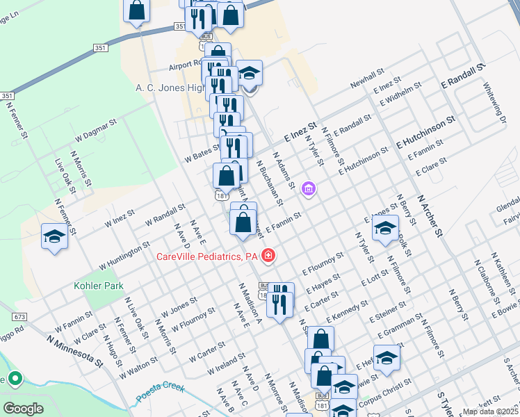 map of restaurants, bars, coffee shops, grocery stores, and more near 1305 North Jefferson Street in Beeville
