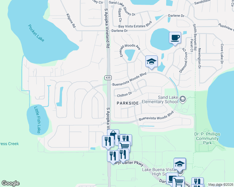 map of restaurants, bars, coffee shops, grocery stores, and more near 8723 Chilton Drive in Orlando
