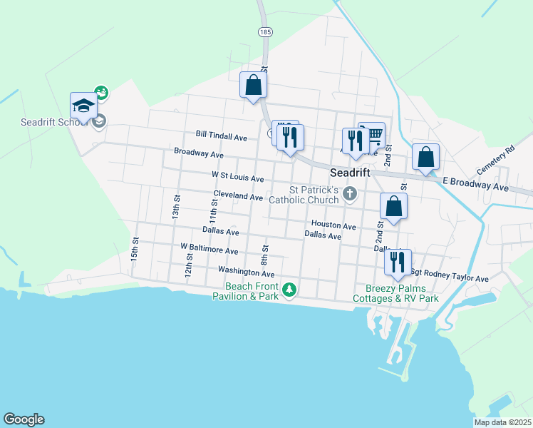 map of restaurants, bars, coffee shops, grocery stores, and more near 304 8th Street in Seadrift