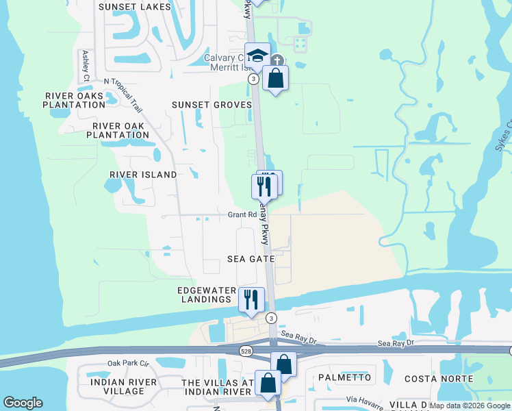 map of restaurants, bars, coffee shops, grocery stores, and more near 150 Grant Road in Merritt Island