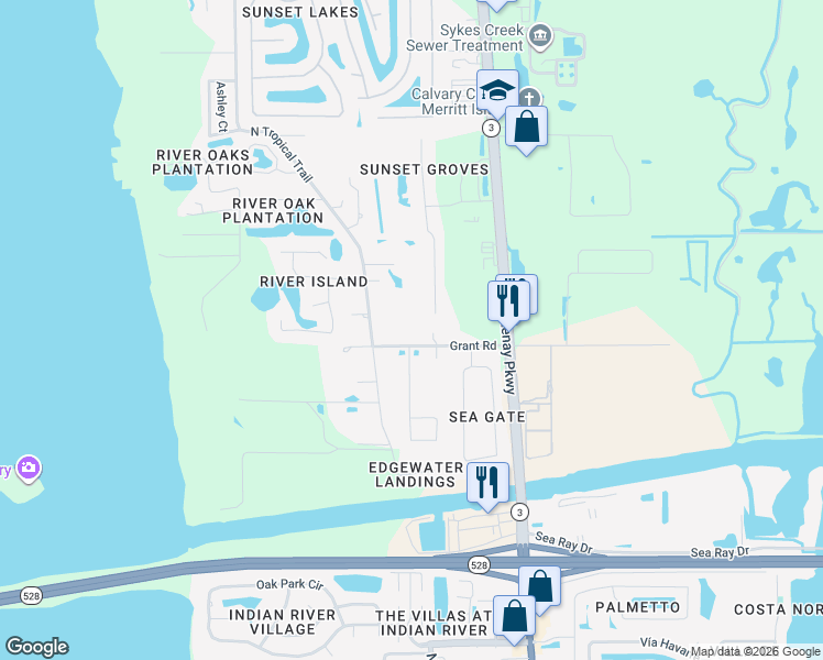 map of restaurants, bars, coffee shops, grocery stores, and more near 190 Grant Road in Merritt Island