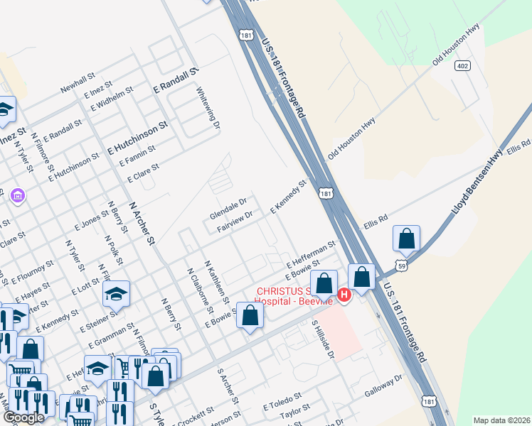 map of restaurants, bars, coffee shops, grocery stores, and more near 600 Landry Street in Beeville