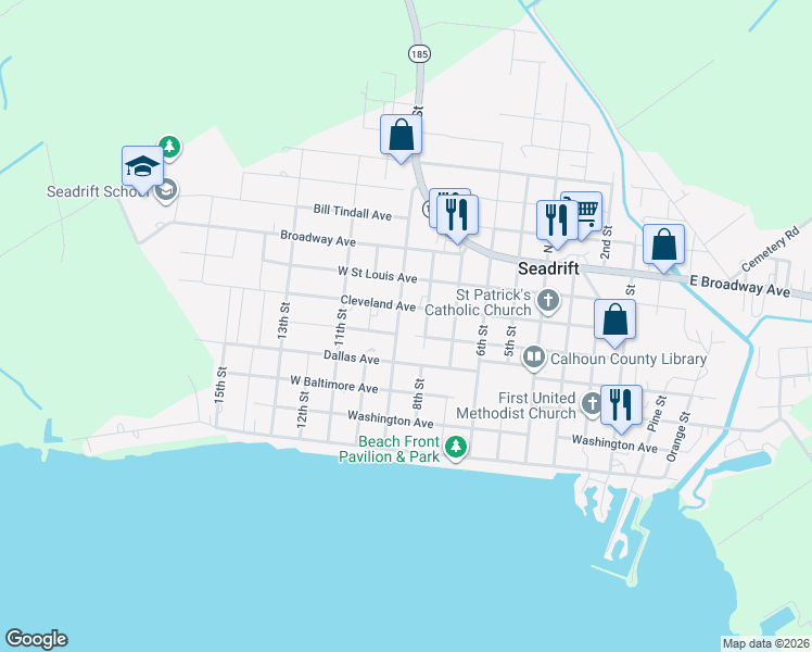 map of restaurants, bars, coffee shops, grocery stores, and more near 304 8th Street in Seadrift