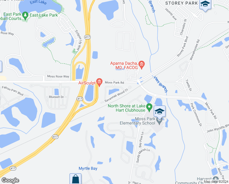map of restaurants, bars, coffee shops, grocery stores, and more near 9310 Flowering Cottonwood Road in Orlando