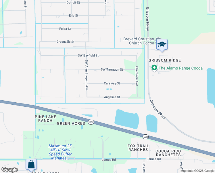 map of restaurants, bars, coffee shops, grocery stores, and more near 3367 Caraway Street in Cocoa