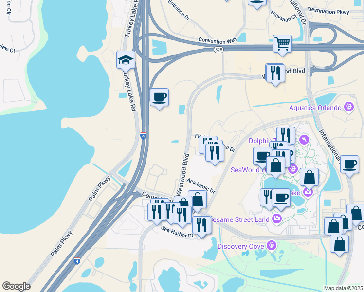 map of restaurants, bars, coffee shops, grocery stores, and more near Weiser Street in Orlando
