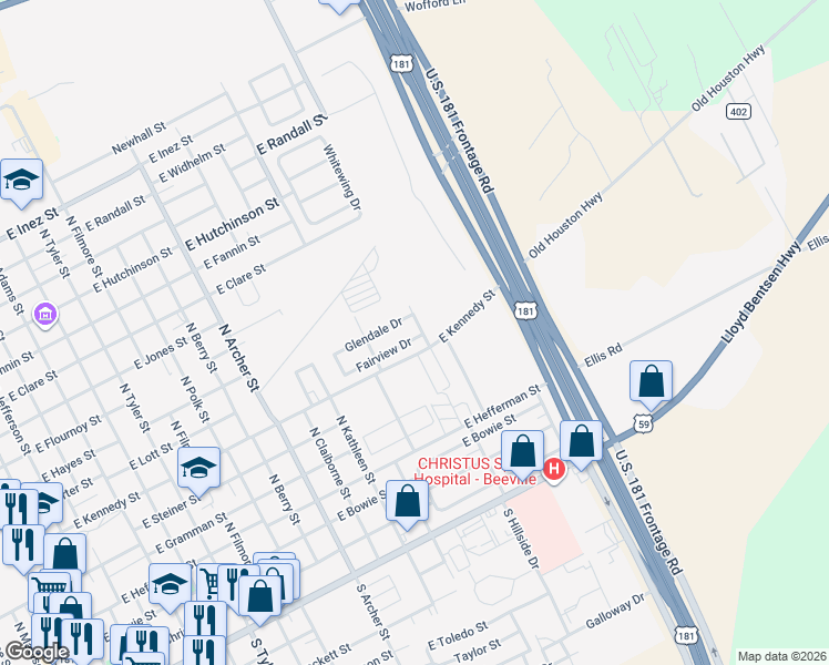 map of restaurants, bars, coffee shops, grocery stores, and more near 600 Landry Street in Beeville