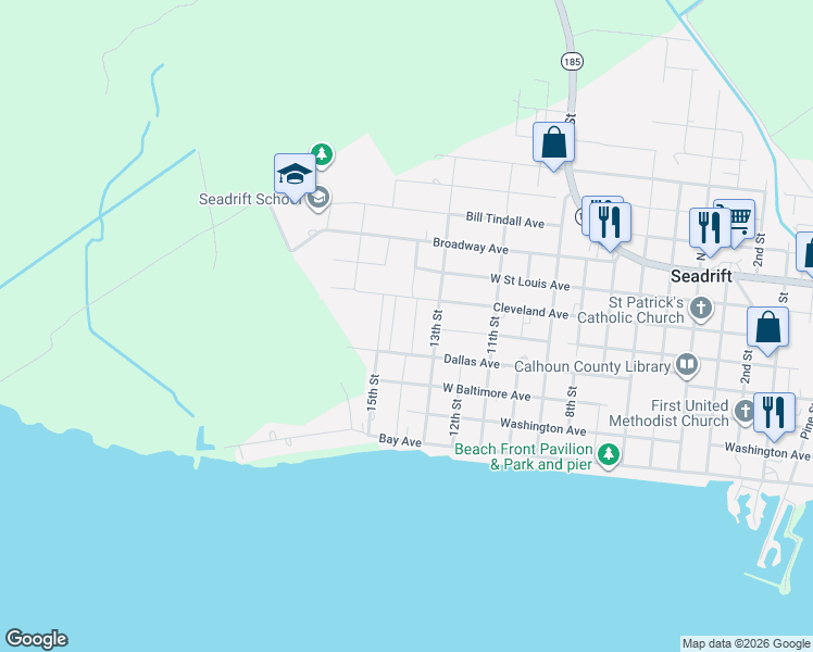 map of restaurants, bars, coffee shops, grocery stores, and more near 408 13th Street in Seadrift
