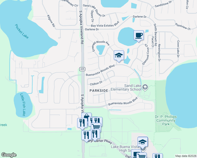 map of restaurants, bars, coffee shops, grocery stores, and more near 8623 Chilton Drive in Orlando