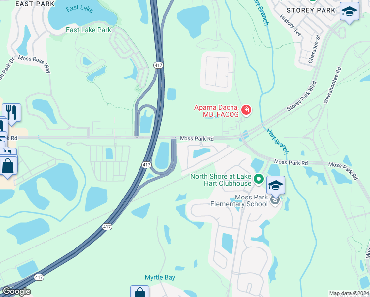 map of restaurants, bars, coffee shops, grocery stores, and more near 9374 Flowering Cottonwood Road in Orlando