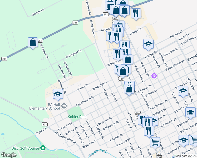 map of restaurants, bars, coffee shops, grocery stores, and more near 1700 North Avenue D in Beeville