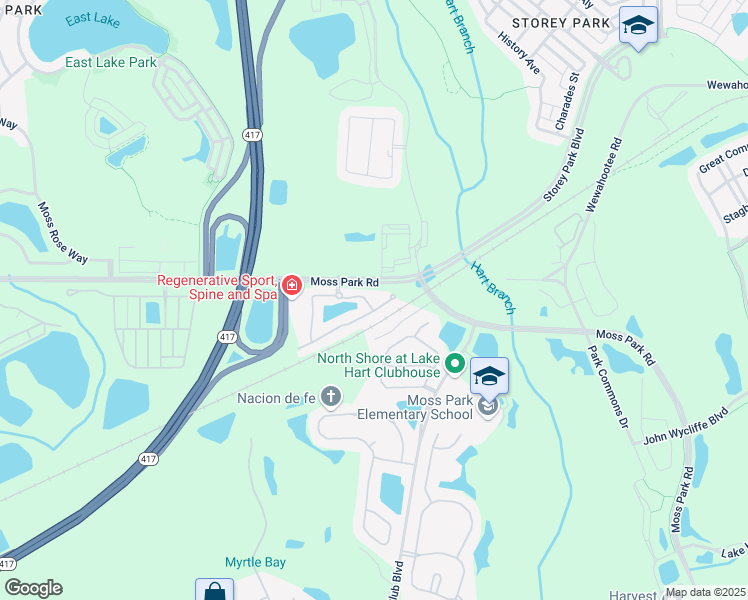 map of restaurants, bars, coffee shops, grocery stores, and more near 11101 Moss Park Road in Orlando