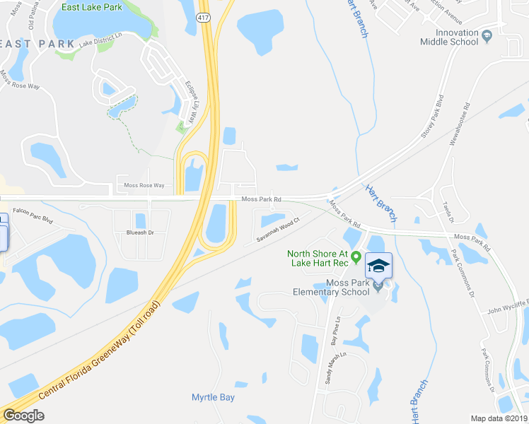 map of restaurants, bars, coffee shops, grocery stores, and more near Moss Park Road in Orlando