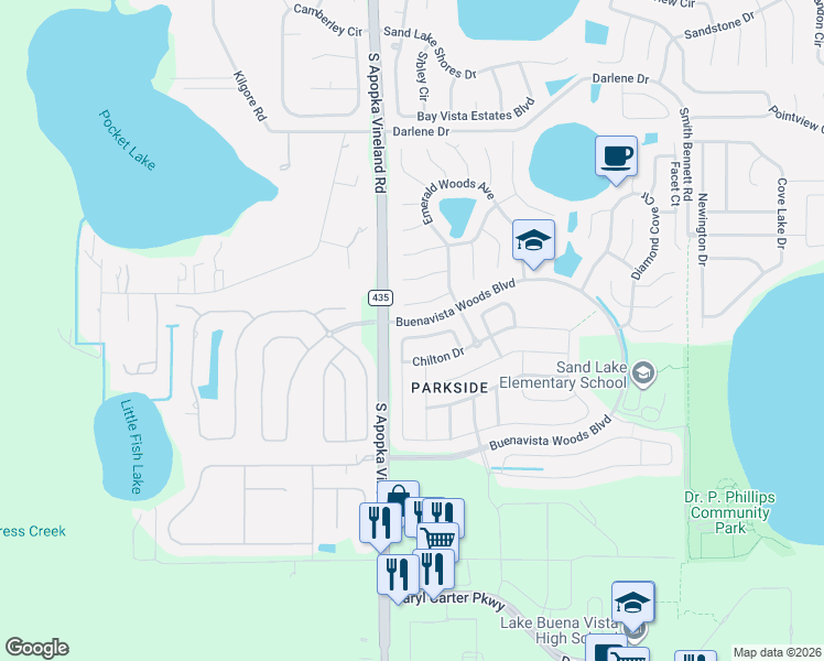 map of restaurants, bars, coffee shops, grocery stores, and more near 8650 Tara Oaks Court in Orlando