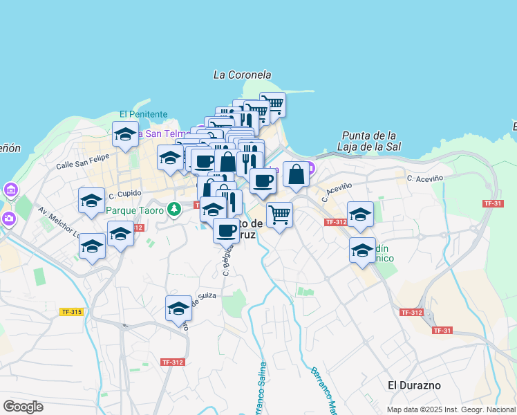 map of restaurants, bars, coffee shops, grocery stores, and more near 4 Calzada Martianez in Puerto de la Cruz
