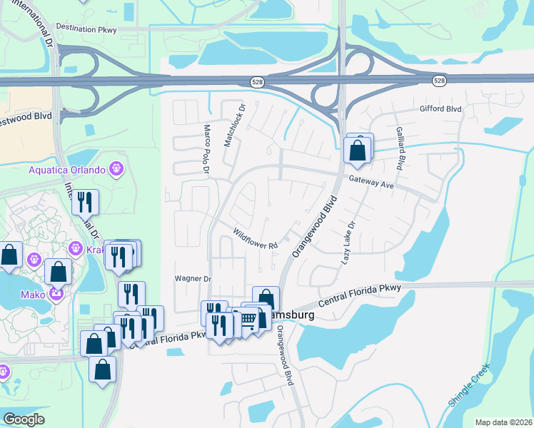 map of restaurants, bars, coffee shops, grocery stores, and more near 10433 Hidden Lane in Orlando