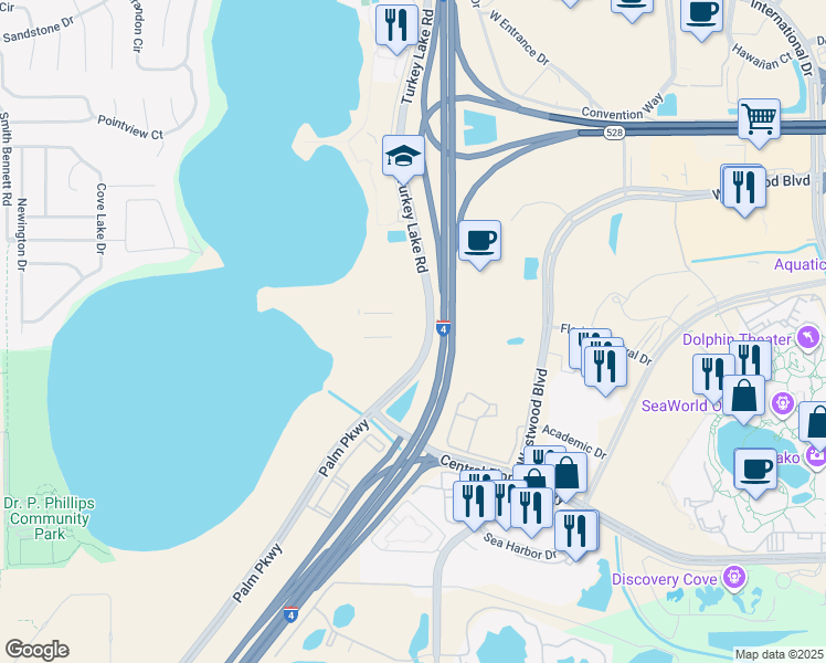 map of restaurants, bars, coffee shops, grocery stores, and more near 10450 Turkey Lake Rd in Orlando