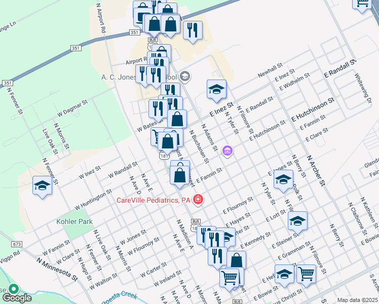 map of restaurants, bars, coffee shops, grocery stores, and more near 202 East Randall Street in Beeville