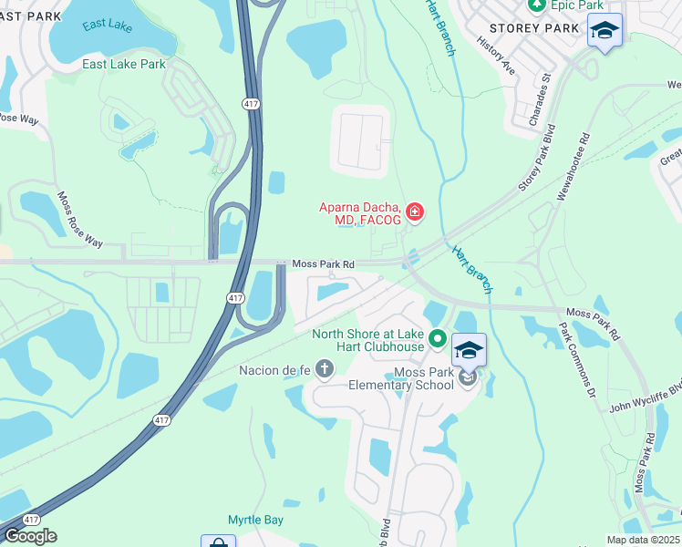 map of restaurants, bars, coffee shops, grocery stores, and more near Moss Park Road in Orlando