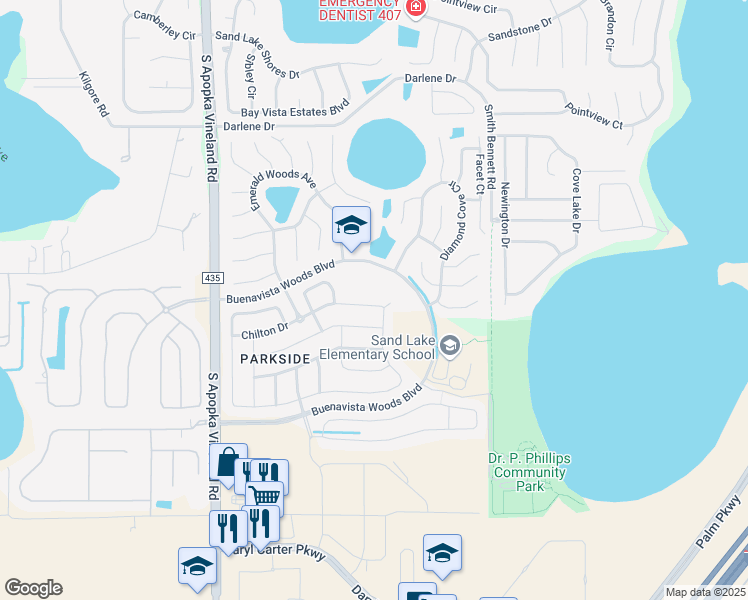 map of restaurants, bars, coffee shops, grocery stores, and more near 8417 Chilton Drive in Orlando