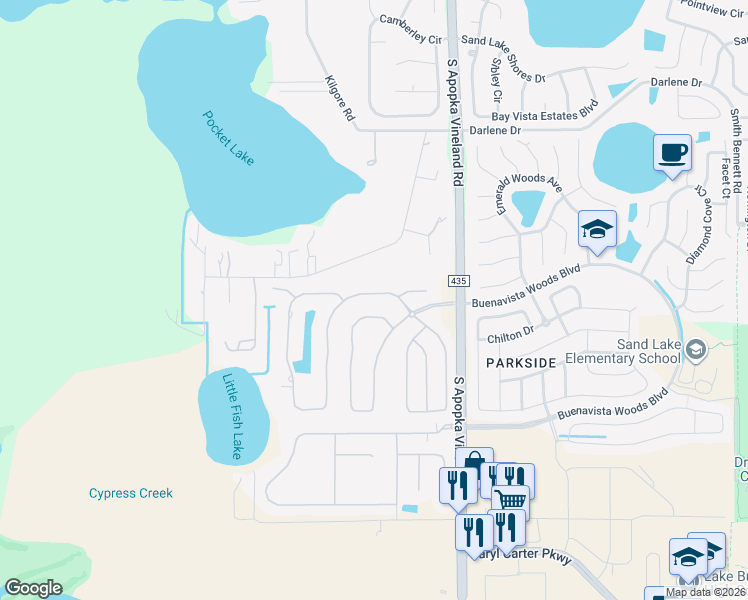 map of restaurants, bars, coffee shops, grocery stores, and more near 10527 Emerald Chase Drive in Orlando