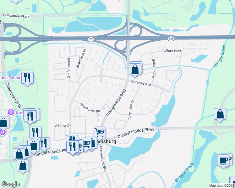 map of restaurants, bars, coffee shops, grocery stores, and more near 10419 Kingbrook Lane in Orlando