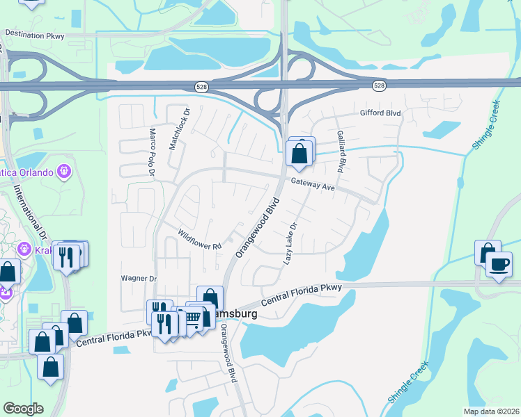 map of restaurants, bars, coffee shops, grocery stores, and more near 10419 Kingbrook Lane in Orlando