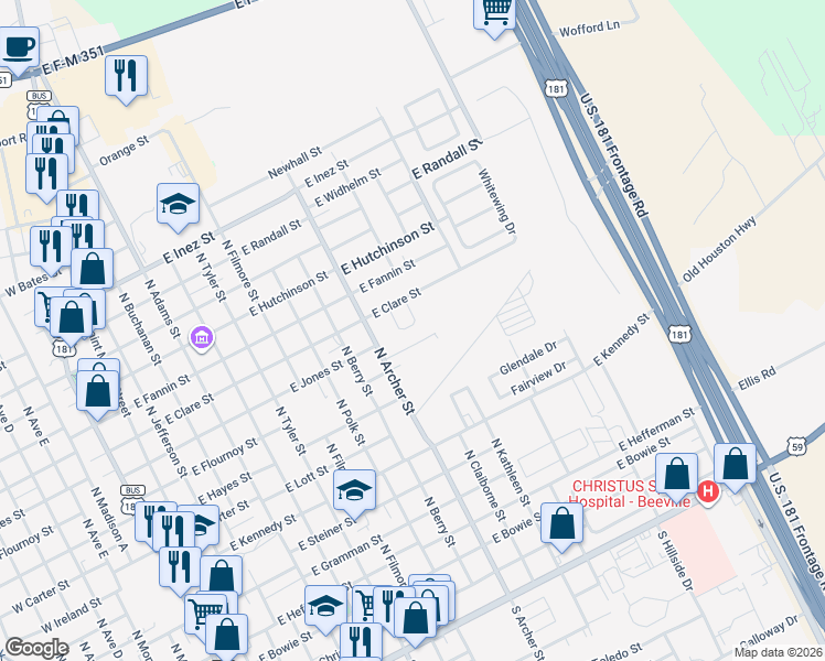 map of restaurants, bars, coffee shops, grocery stores, and more near 1007 Blue Crest Lane in Beeville