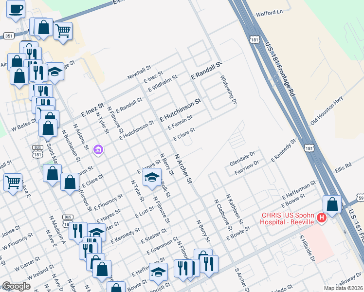 map of restaurants, bars, coffee shops, grocery stores, and more near 1007 Blue Crest Lane in Beeville