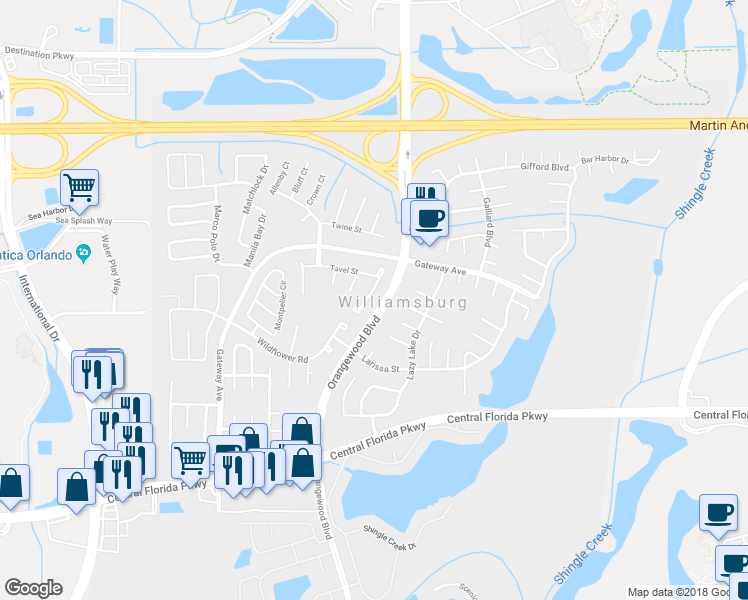 map of restaurants, bars, coffee shops, grocery stores, and more near 10419 Kingbrook Lane in Orlando
