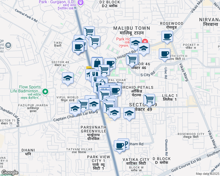 map of restaurants, bars, coffee shops, grocery stores, and more near Sispal Vihar Internal Road in Gurgaon