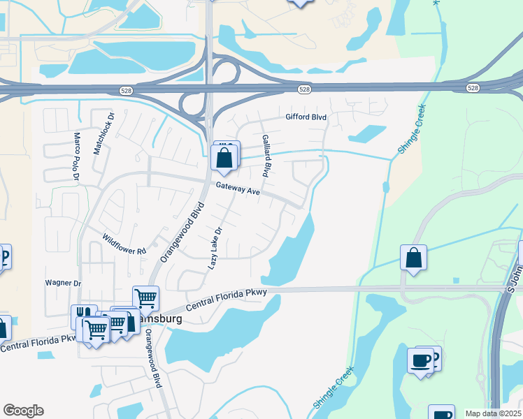 map of restaurants, bars, coffee shops, grocery stores, and more near 10319 La Guardia Ct in Orlando