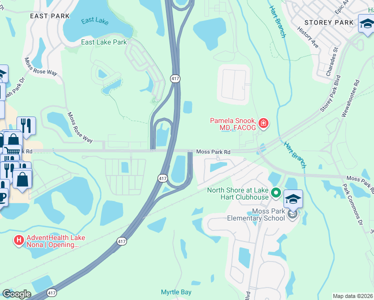 map of restaurants, bars, coffee shops, grocery stores, and more near Moss Park Road in Orlando