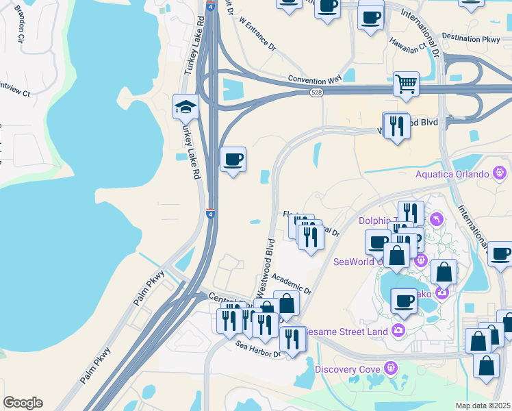 map of restaurants, bars, coffee shops, grocery stores, and more near 6800 Vineyard Drive in Orlando