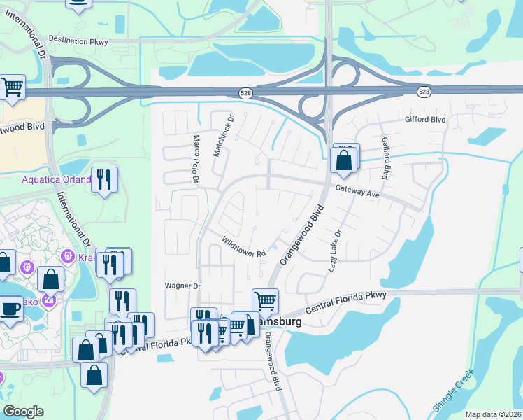 map of restaurants, bars, coffee shops, grocery stores, and more near 10433 Hidden Lane in Orlando