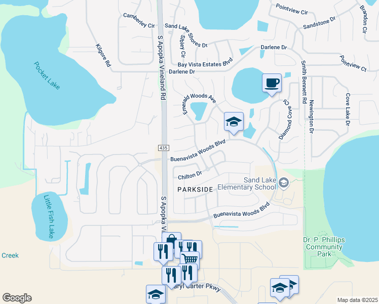 map of restaurants, bars, coffee shops, grocery stores, and more near 8620 Tara Oaks Court in Orlando