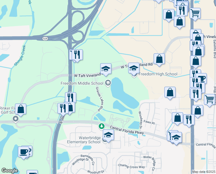 map of restaurants, bars, coffee shops, grocery stores, and more near 2850 West Taft Vineland Road in Orlando