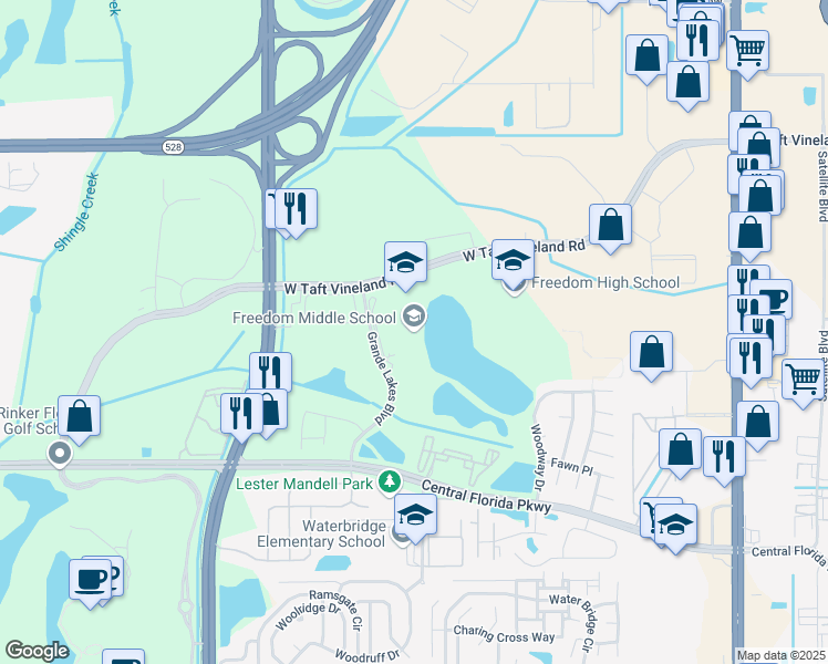 map of restaurants, bars, coffee shops, grocery stores, and more near 2850 West Taft Vineland Road in Orlando