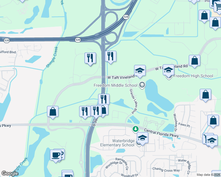 map of restaurants, bars, coffee shops, grocery stores, and more near 10401 South John Young Parkway in Orlando