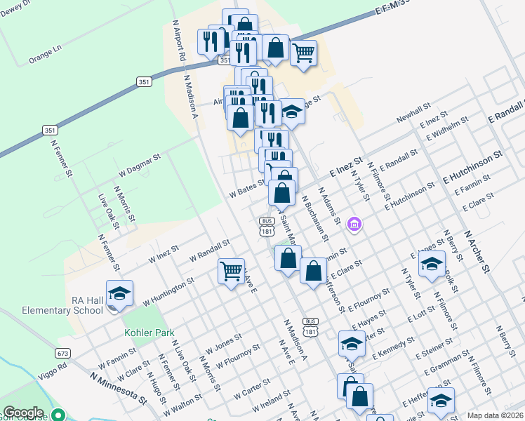 map of restaurants, bars, coffee shops, grocery stores, and more near 120 West Inez Street in Beeville